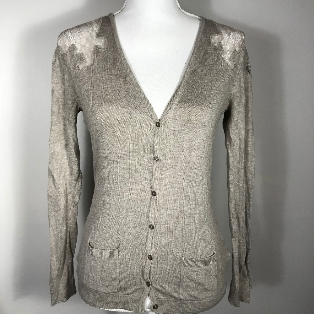 Janeskar Brown Light Cardigan Sweater Lace Detail